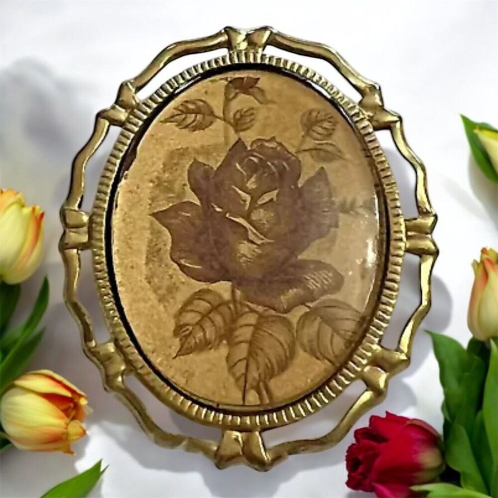 Brooch Cameo Rose  goldtone  2 inches  vintage